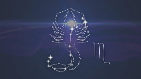 animación de estrellas conectadas que forman escorpio y llamaradas de lente contra un fondo negro