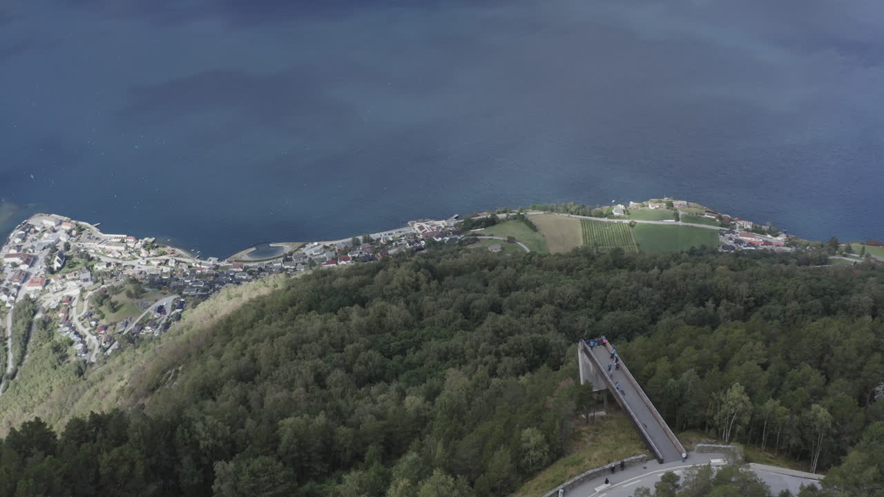 Aerial View of a Fjord in Norway with a Bridge