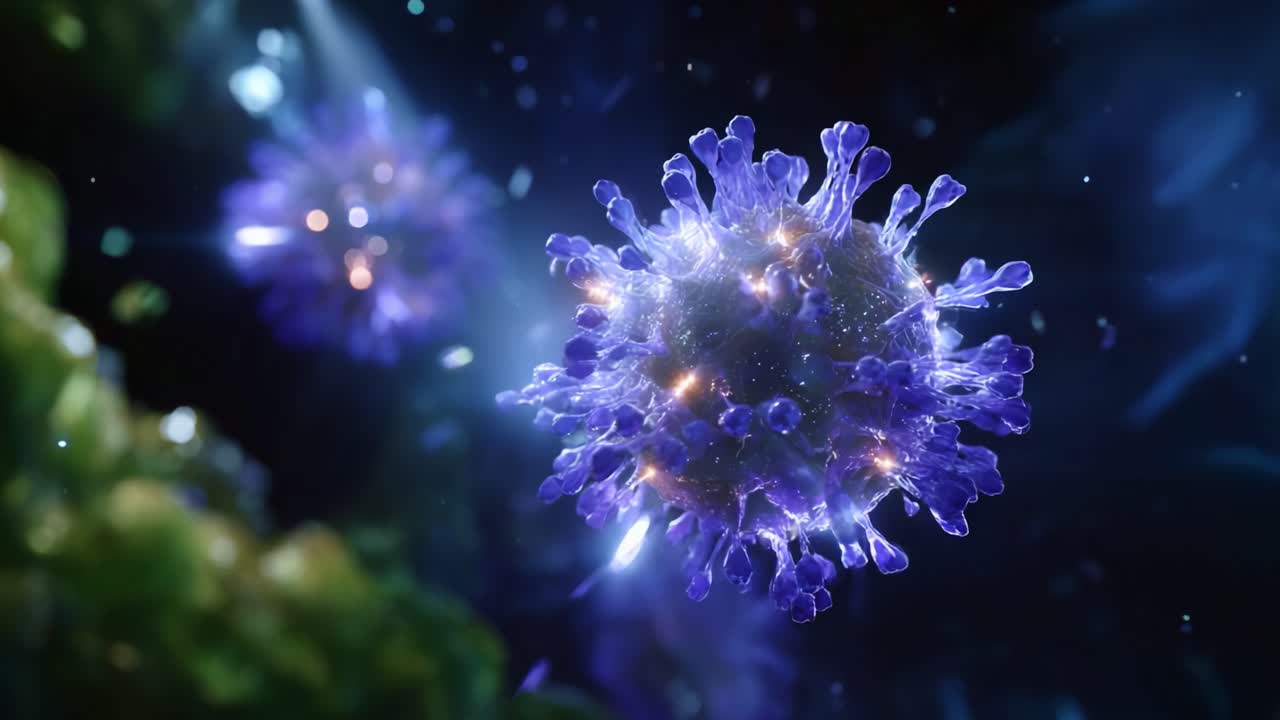 Visualizzazione microscopica di strutture virali con caratteristiche illuminate e dettagli intricati che catturano le meraviglie della vita cellulare in uno straordinario rendering in 3D