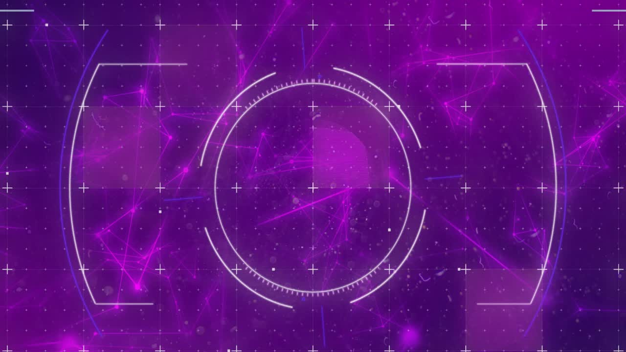 Animation of scope scanning and network of connections on purple background