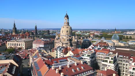 majestic aerial top view flight dresden city women church frauenkirche city town germany, summer sunny blue sky day 23