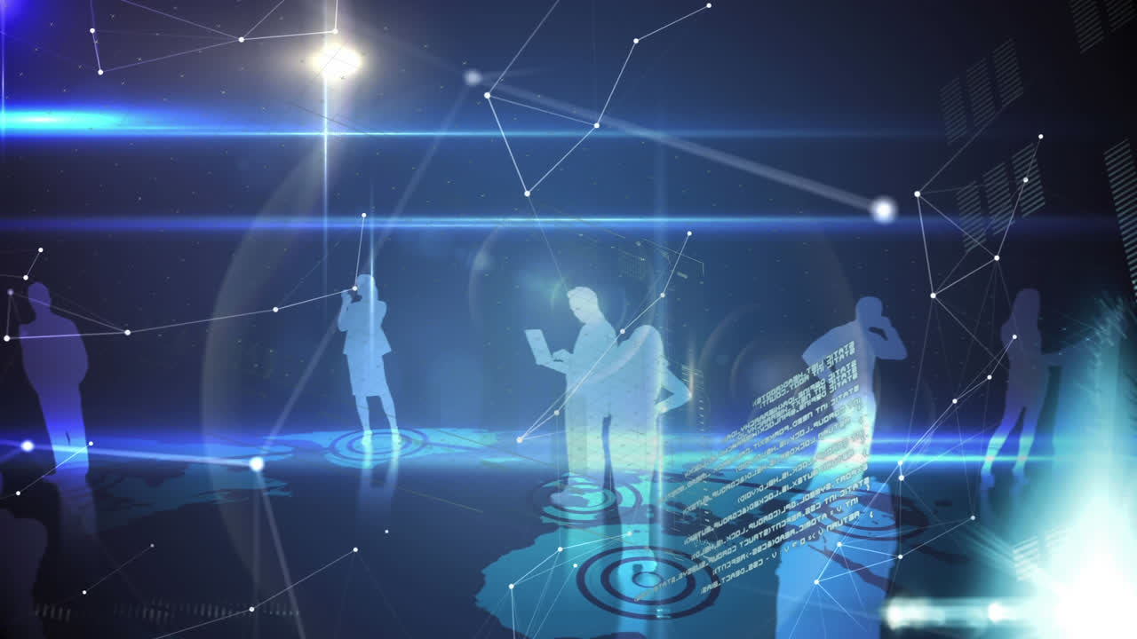 Silhouettes of business people with graphs and statistics