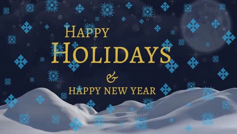 Animation-of-happy-holidays-and-new-year-text-with-window-and-blue-snowflakes-over-winter-landscape
