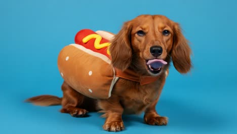 a playful dachshund dressed as a hot dog poses cheerfully against a vibrant blue background, showcasing its adorable costume and charming expression