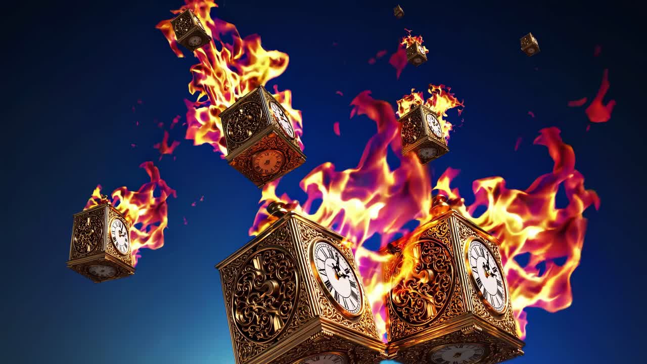 황금의 빈티지 시계가 녹고, 그림자의 우주 공백을 통해 내려가고, 빛나는 파란색 배경과 강렬한 극적인 초현실주의에 대한 시간적 해체를 나타니다.