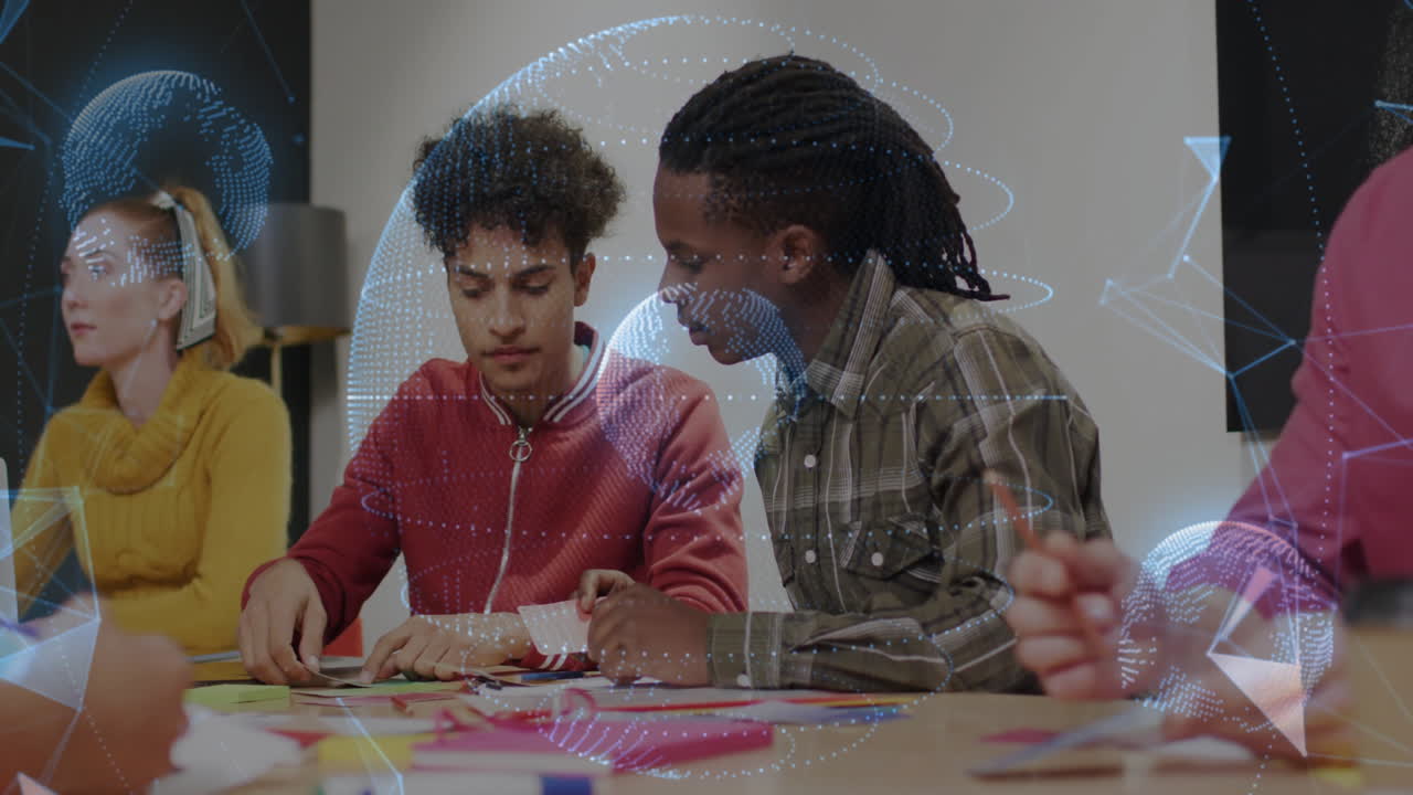 Collaborating with digital network animation, diverse group of people in school