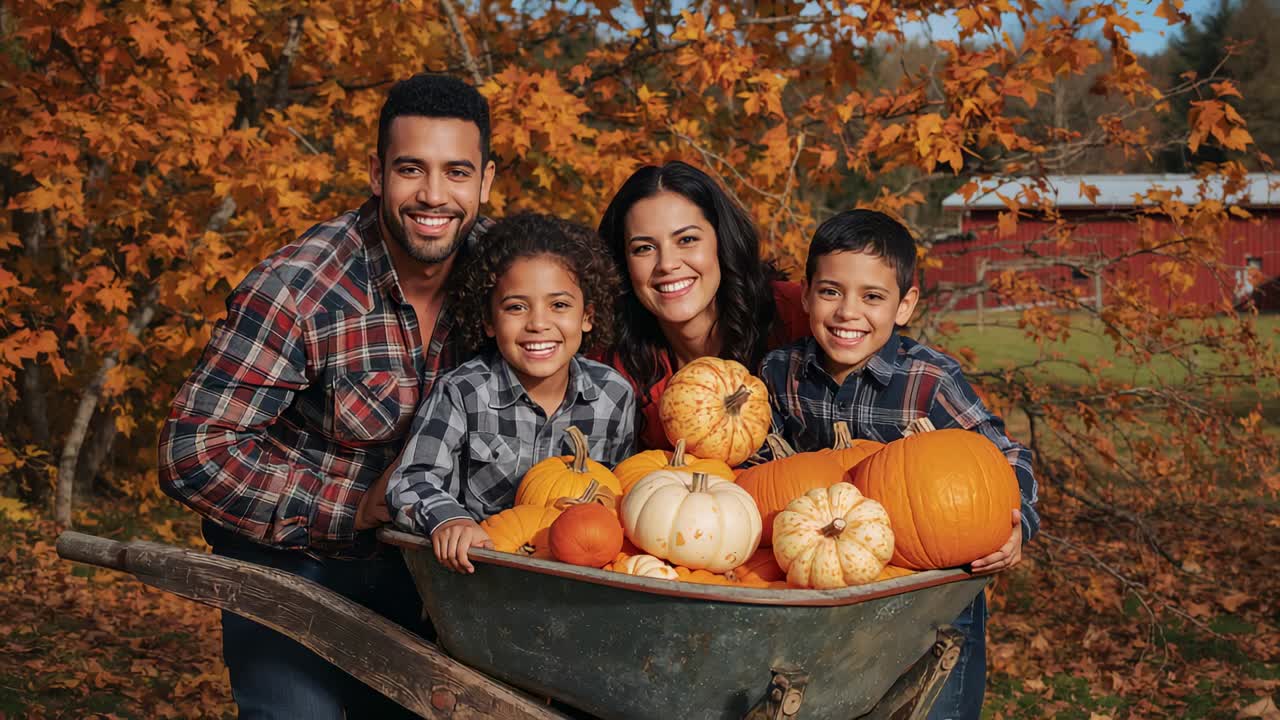 Camera zooming nudging family in plaid leaning, smiling, posing at pumpkin patch, with wheelbarrow