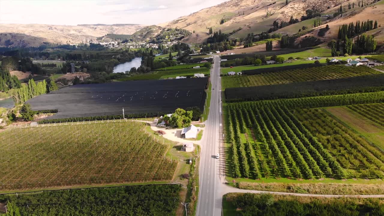 Aerial flying over State Highway 8 through green fruitlands in Teviot Valley