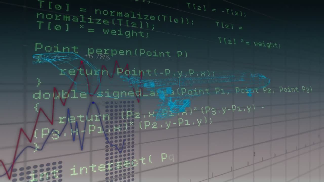 animación del proyecto de avión giratorio sobre procesamiento de datos y gráficos en espacio negro y beige