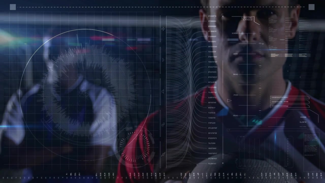 Holding soccer ball, athlete in red jersey adjusting grip after HUD animation in stadium for promo