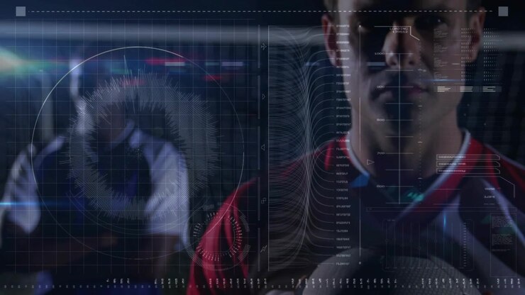 Holding soccer ball, athlete in red jersey adjusting grip after HUD animation in stadium for promo