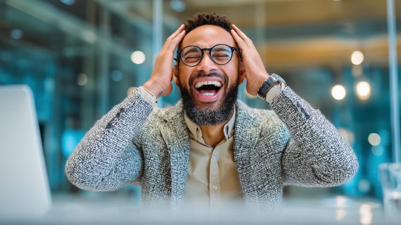 A joyful man expresses his elation with contagious laughter in a modern office, showcasing the power of happiness in a vibrant work environment