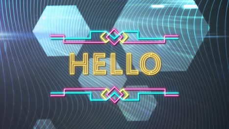 Digital-animation-of-neon-hello-text-against-hexagonal-shapes-on-blue-background