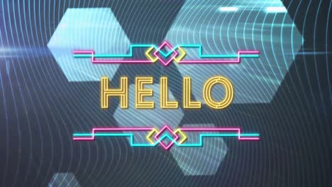 animación digital del texto de saludo de neón contra formas hexagonales sobre fondo azul