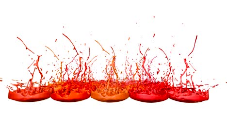 3d splashes of liquid. paint bounce in 4k on white background. simulation of splashes of ink on a musical speaker that play music. version shades of red 1