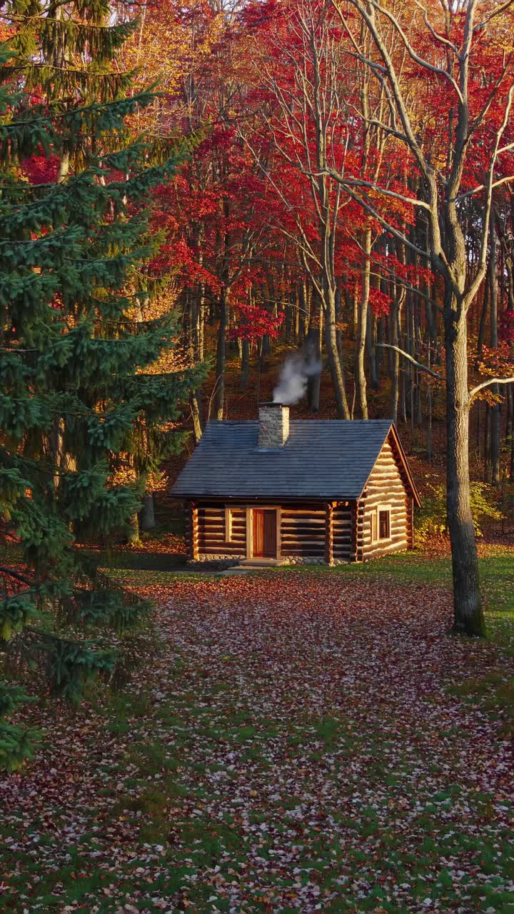 Aerial view of a cozy log cabin in autumn woods, surrounded by vibrant red leaves