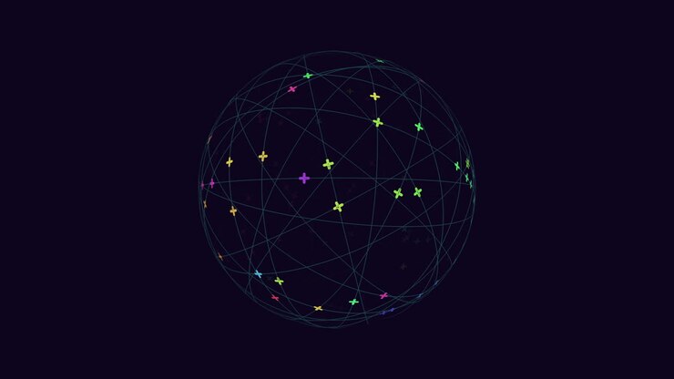 Vibrant sphere filled with colorful dots and lines on blue background