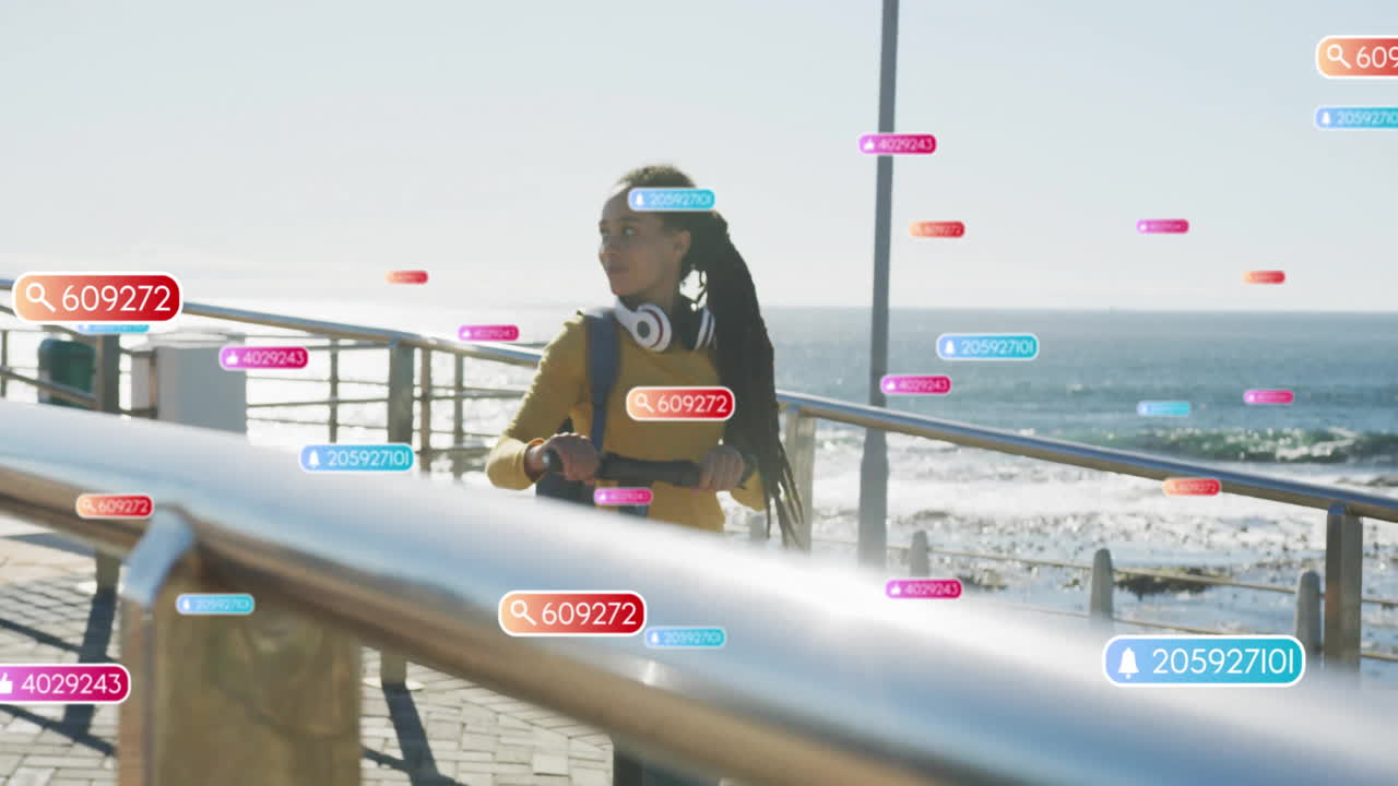 Woman riding scooter on seaside path, floating UI search tags, bell icons showing tech integration