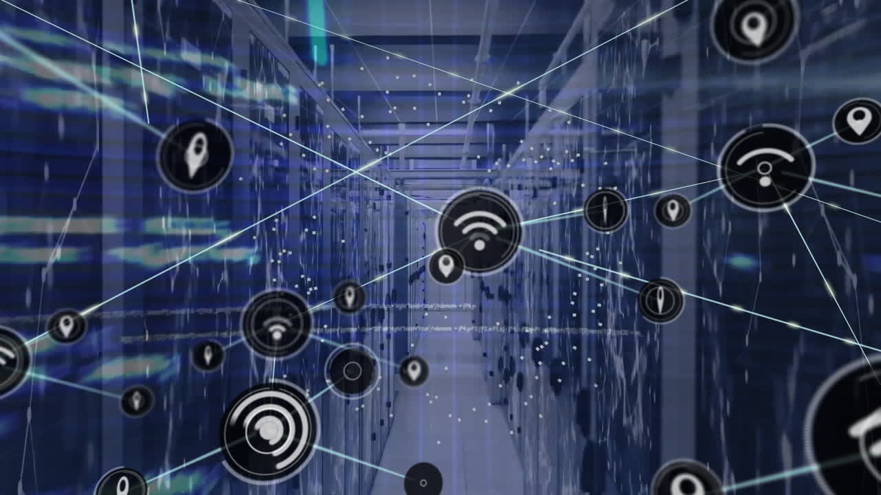 Animation of network of connections with icons and data processing over computer servers
