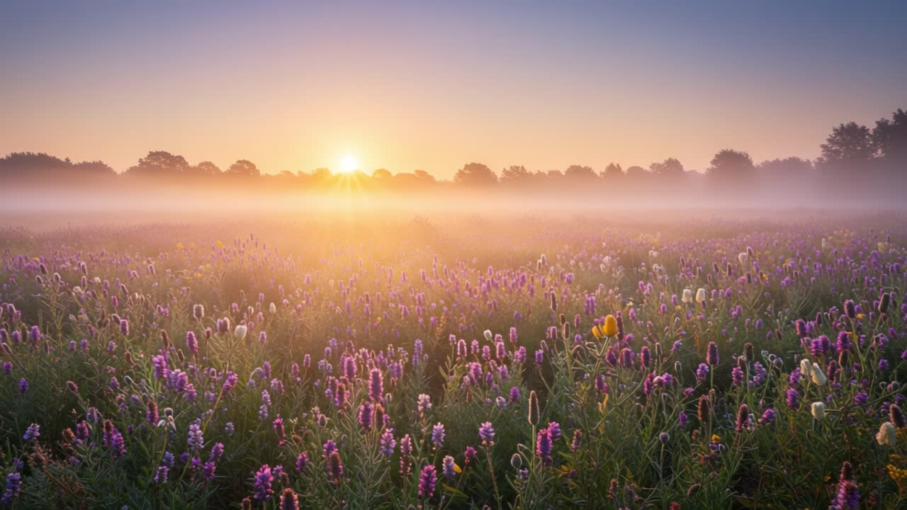 This captivating view showcases a stunning sunrise illuminating a lively wildflower field in the countryside. The sky is painted in soft hues of orange and yellow as the sun rises above the horizon, casting a warm glow over the dew-kissed blooms. A gentle mist hovers above the grassy landscape, enha