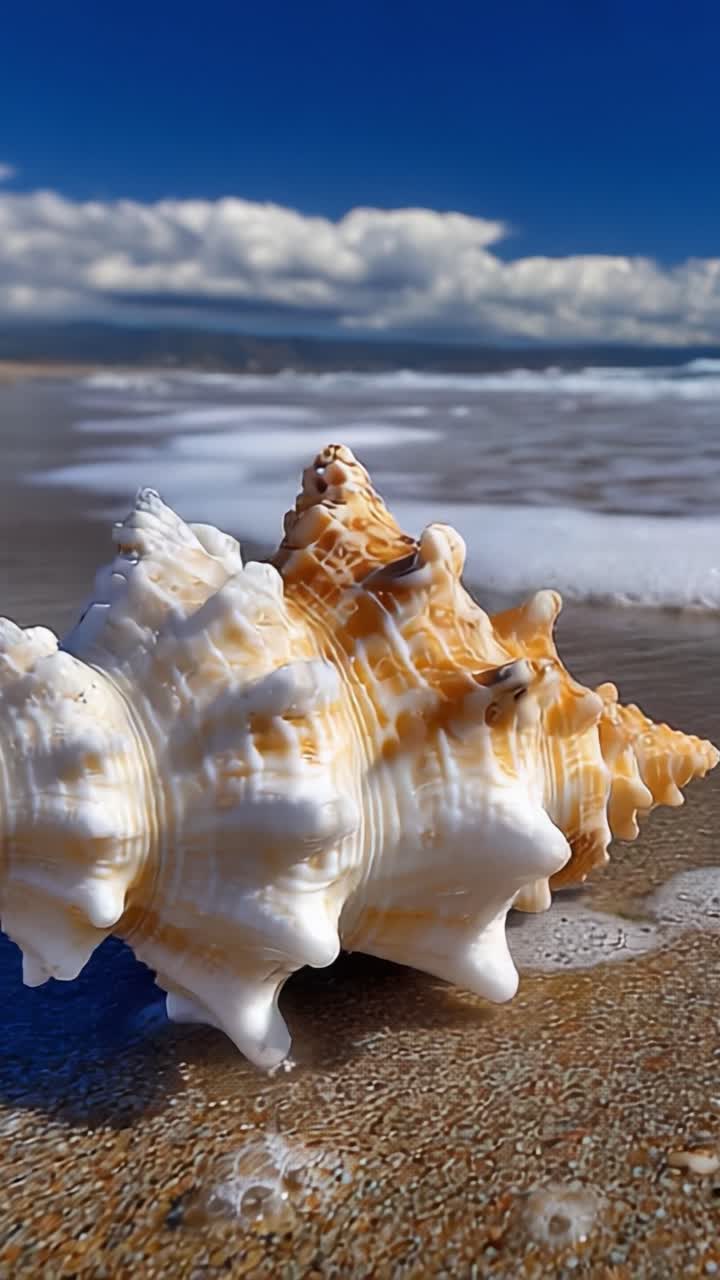 A Close-Up View of a Beautiful Seashell on the Shore, Capturing the Essence of Nature's Artistry Against a Backdrop of Waves and Blue Sky