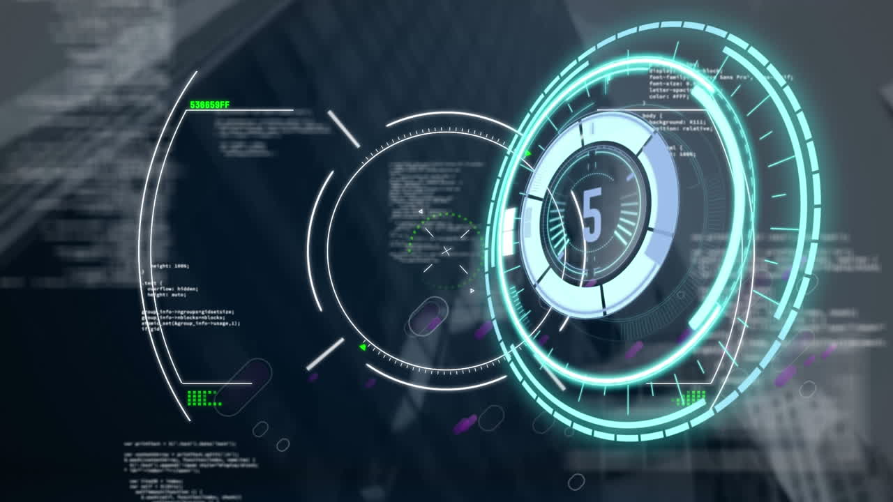 Animation of scope scanning and financial data processing over cityscape