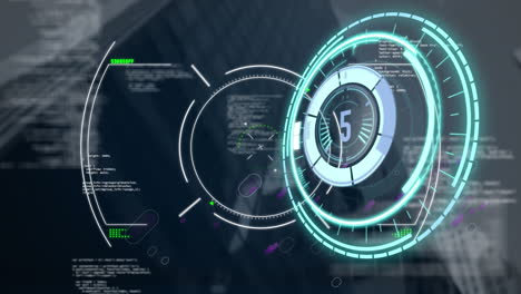 animación del escaneo del alcance y el procesamiento de datos financieros sobre el paisaje urbano