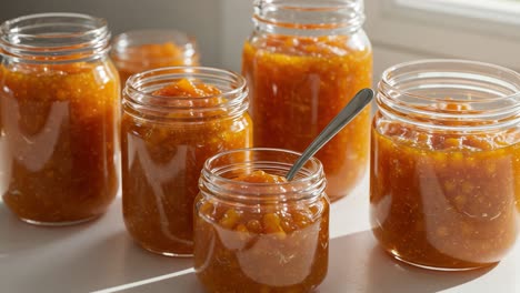 homemade fruit jam or preserves in glass jars