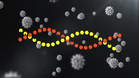 Animation-of-falling-cells-and-dna-strand-on-dark-background