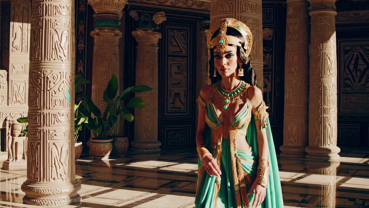 A cinematic video still of a woman in ancient Egyptian attire, shot from a low angle