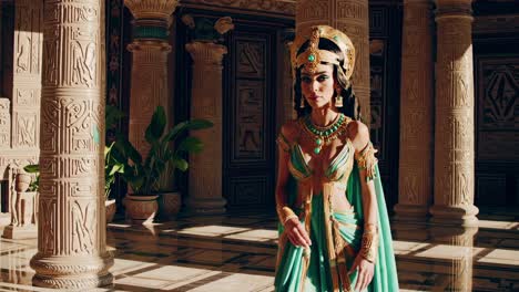 a cinematic video still of a woman in ancient egyptian attire, shot from a low angle