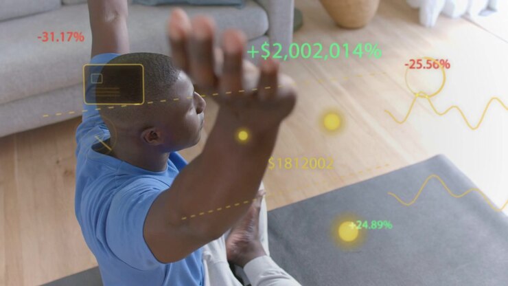 Man on mat gazing up, starting stretch, raising arms high while AR finance HUD tracking dollar%