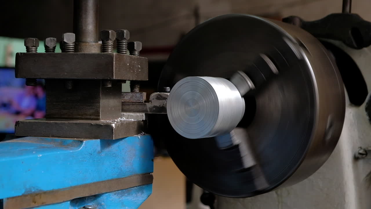 torno antiguo girando y mecanizando una pieza de aluminio en cámara lenta de tiro medio