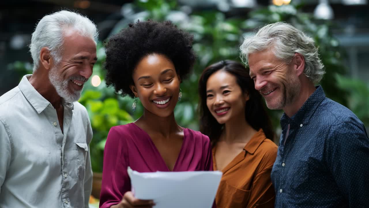 Four Individuals Engaged in a Collaborative Activity, Sharing Laughter and Ideas While Reviewing Important Documents in a Lively Indoor Environment Surrounded by Lush Greenery Reflecting Creativity and Teamwork