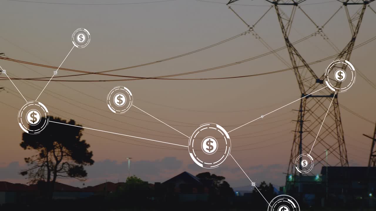 Animation of network of conncetions with icons over pylon