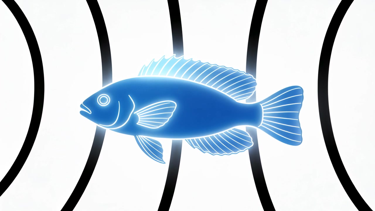Pesce blu stilizzato pulsante che muove pinne e coda mentre la sequenza di fotogrammi inizia in studio con barre nere.
