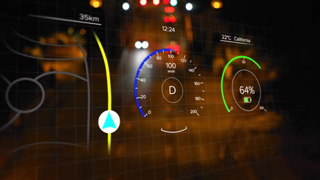 animación de datos de velocímetro y navegación sobre la calle de la ciudad nocturna