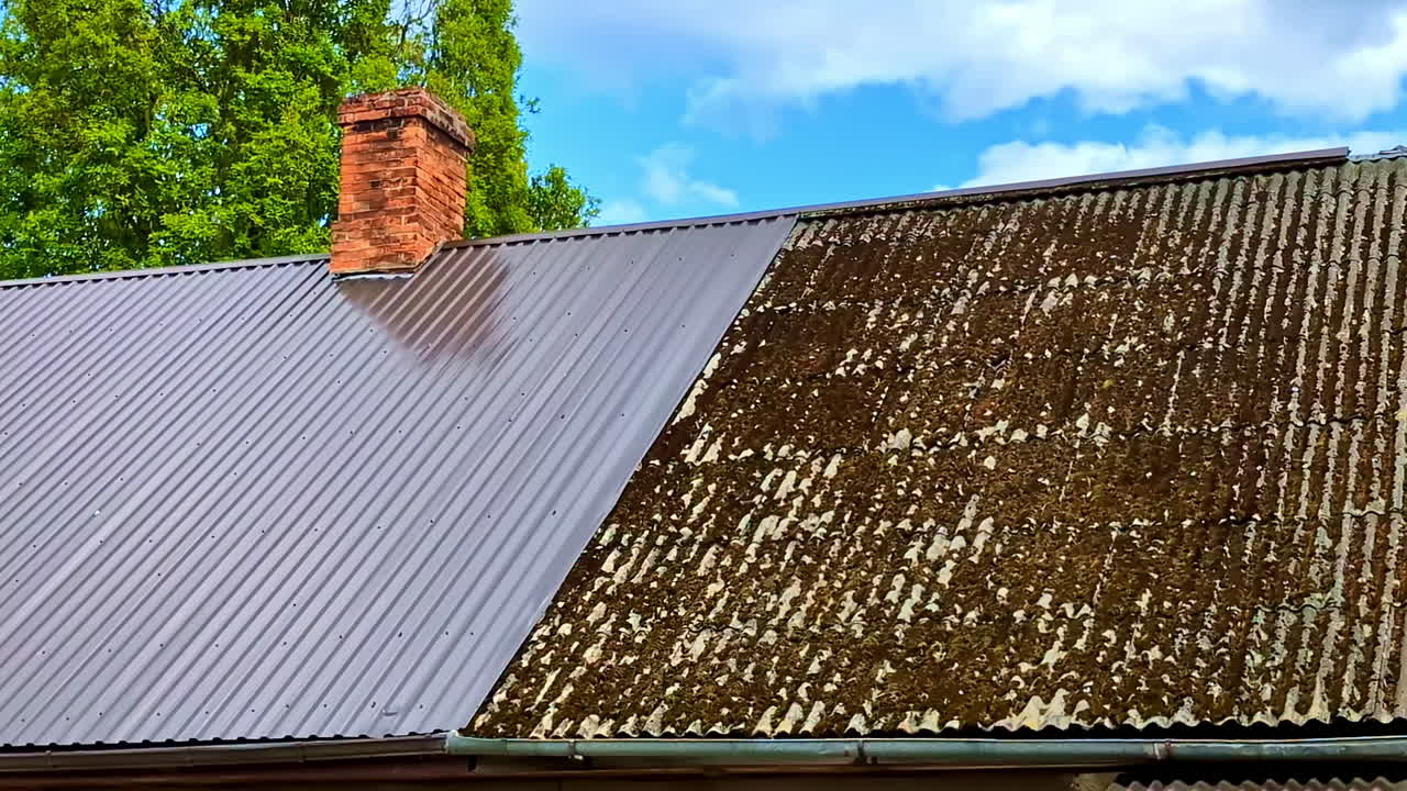 Dirty and clean contrast of corrugated roof showing moss buildup and renovation