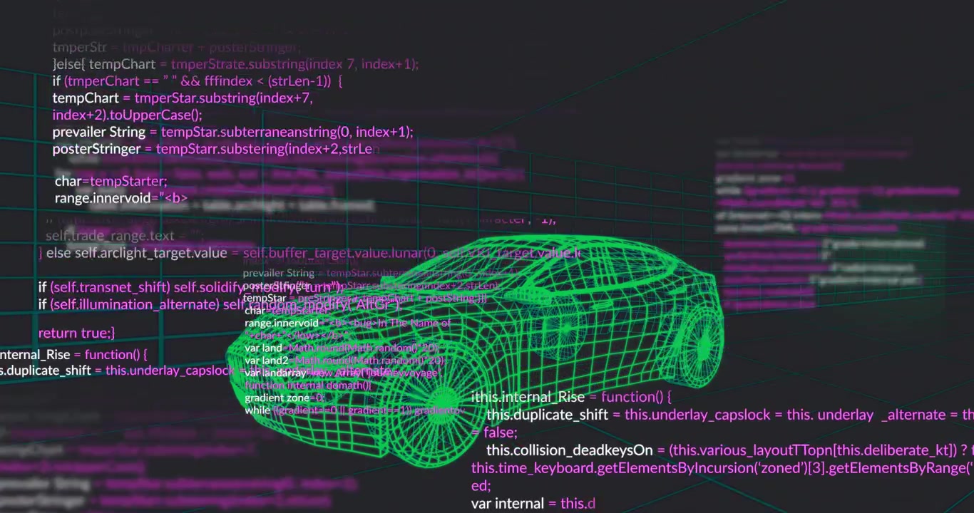 Digital Wireframe Car Model Rotating with Overlaying Programming Code