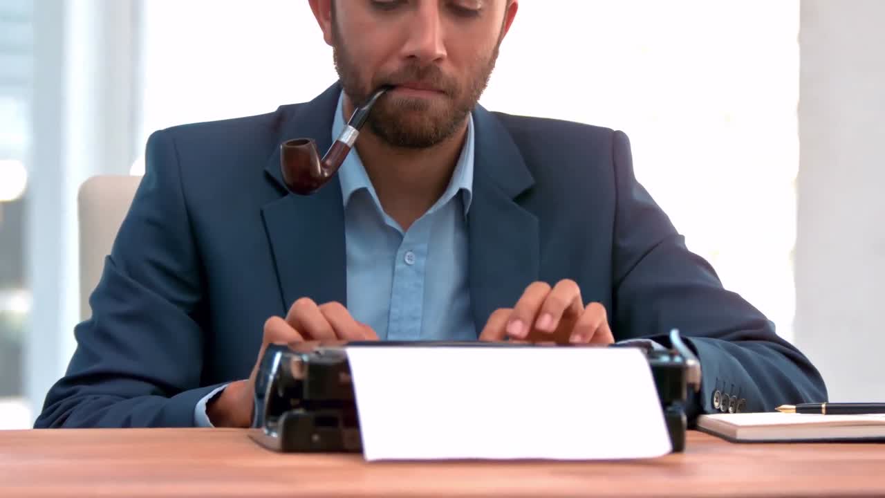 hombre de negocios casual usando una vieja máquina de escribir