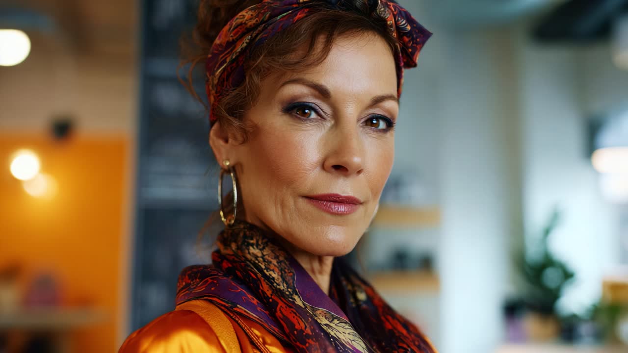 Donna sicura di sé in abbigliamento elegante con accessori vivaci che mostrano raffinatezza e grazia in un ambiente interno contemporaneo con atmosfera accogliente