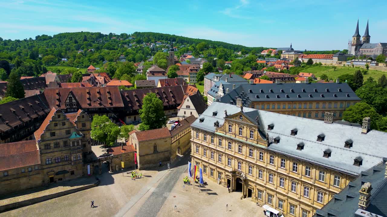 4K Aerial Drone Video of the Historic Neue Residenz Palace, Bamberg Cathedral, and Michaelsberg Abbey in the Old Town area of Bamberg, Germany (High Speed)