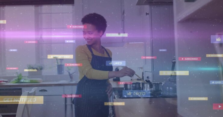 Home cook stirring pot at stove while receiving alerts and cooking for friend, labels drifting