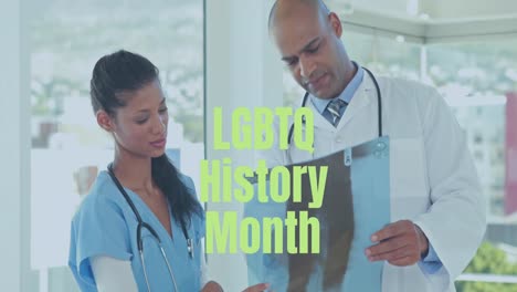 Animation-of-lgbtq-history-month-text-over-diverse-doctors-with-xray