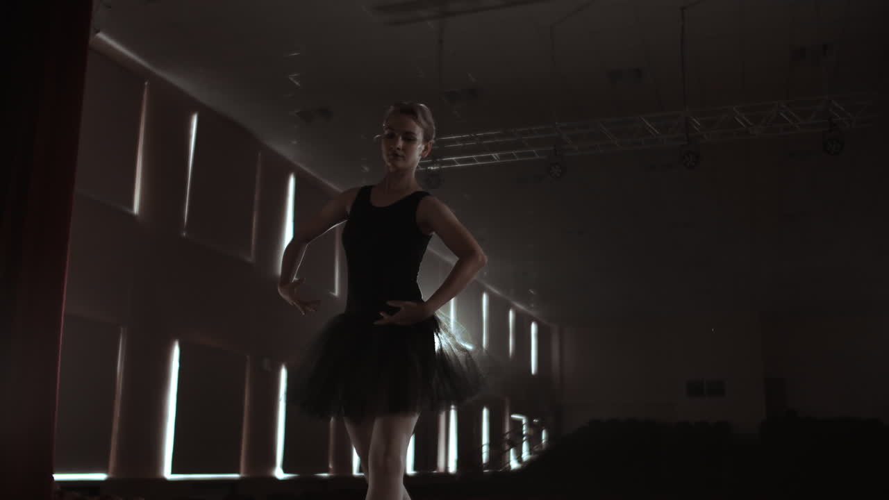 SLOW MOTION: Ballerina dancing in Pointe shoes on stage in smoke in the dark light back view. the camera moves on gimbal