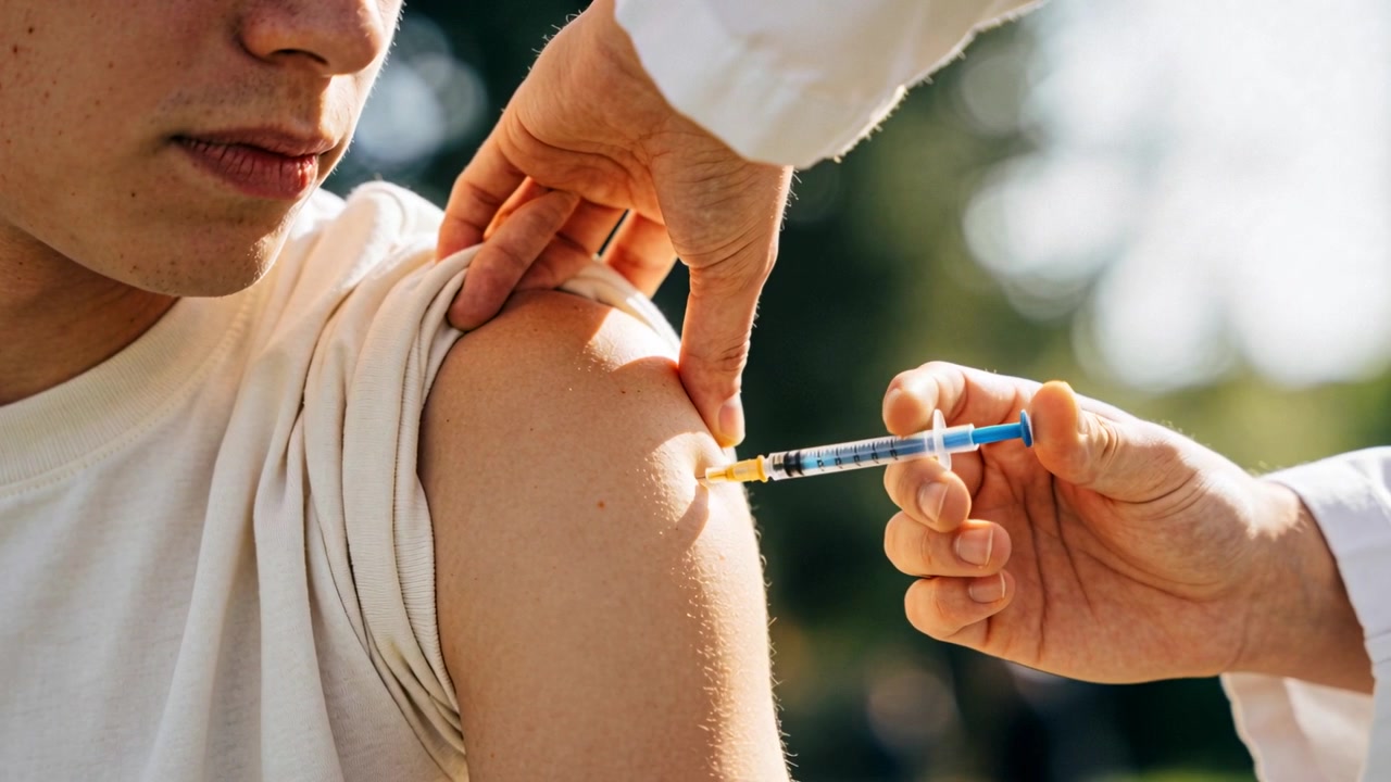 Rolling tee sleeve, patient receiving dose outdoors, nurse inserting yellow-hub syringe, copy space
