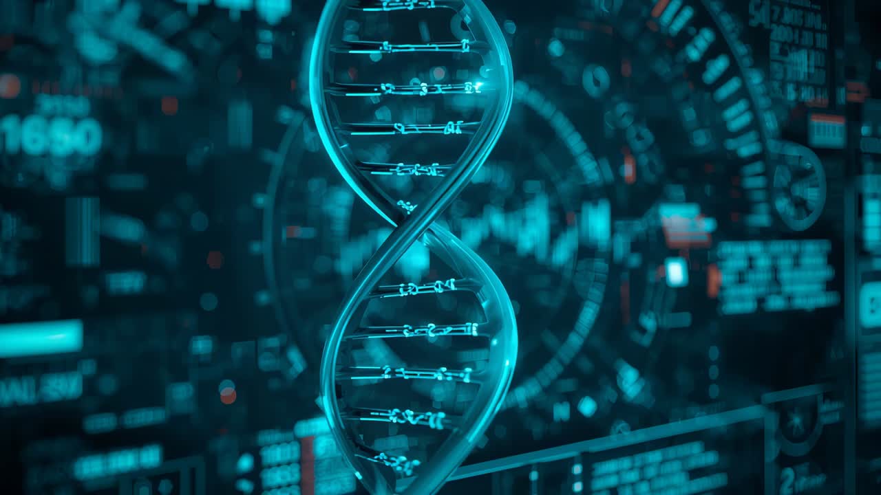 Rotating cyan double-helix DNA model on startup, pulsing with HUD readouts at console