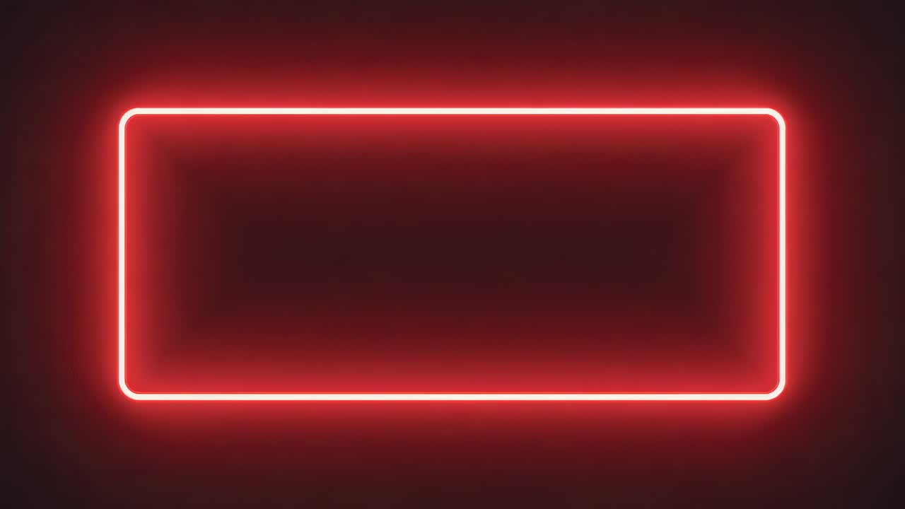 Clip commençant par un rectangle néon arrondi et pulsant émettant un halo rouge doux sur un studio sombre, avec une vignette intérieure