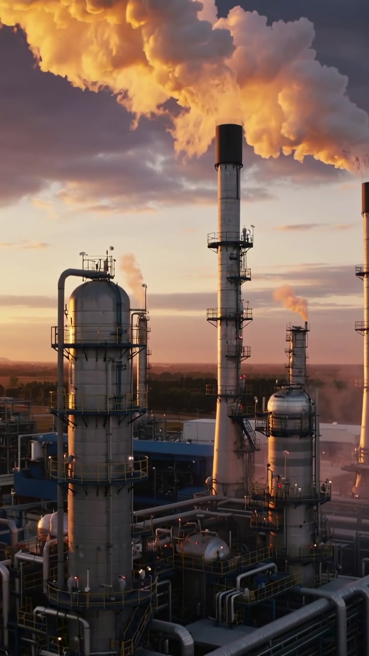 Main stack emitting plume from plant operation, wind carrying plume left, sunset lighting plant