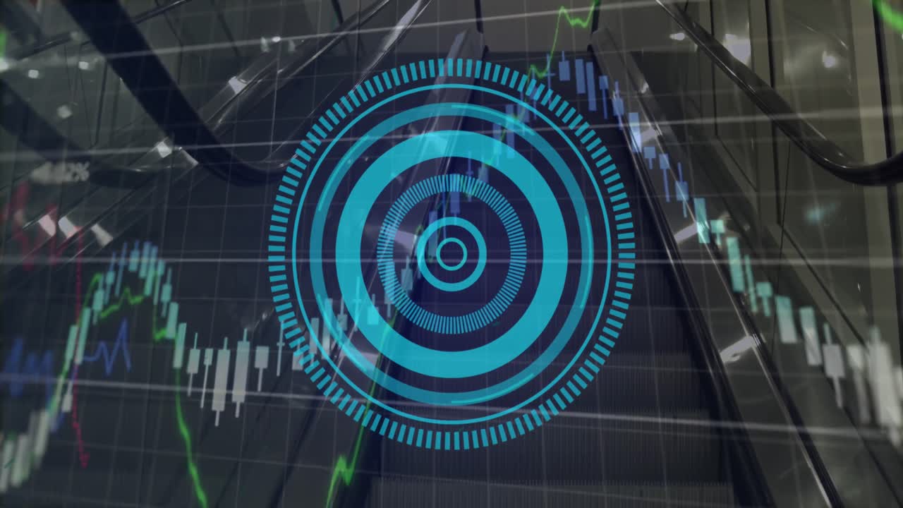 animación del procesamiento de datos financieros y escaneo del alcance a través de la escalera mecánica